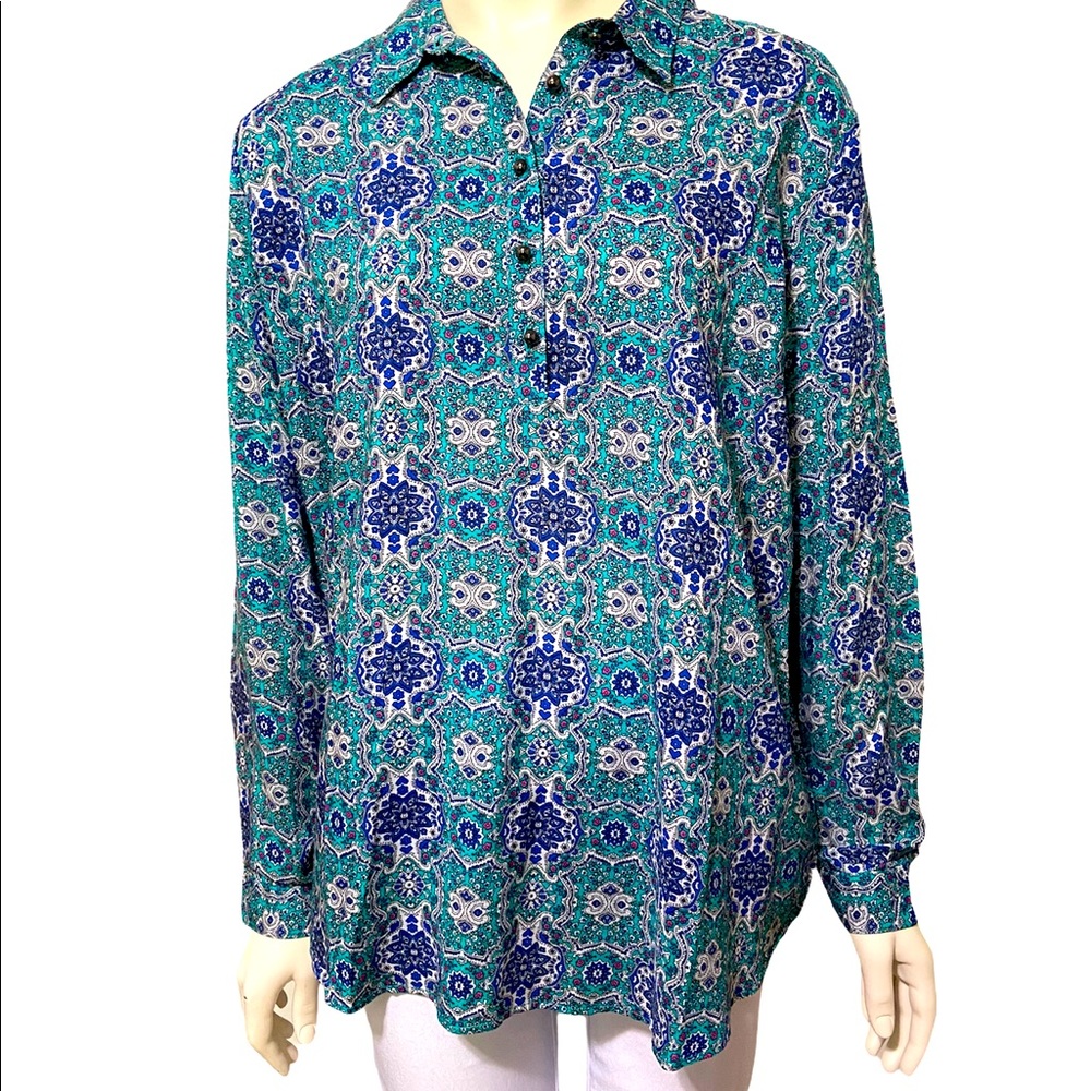 KARISSA + ME Blue Green Rayon Long Sleeve Top XL